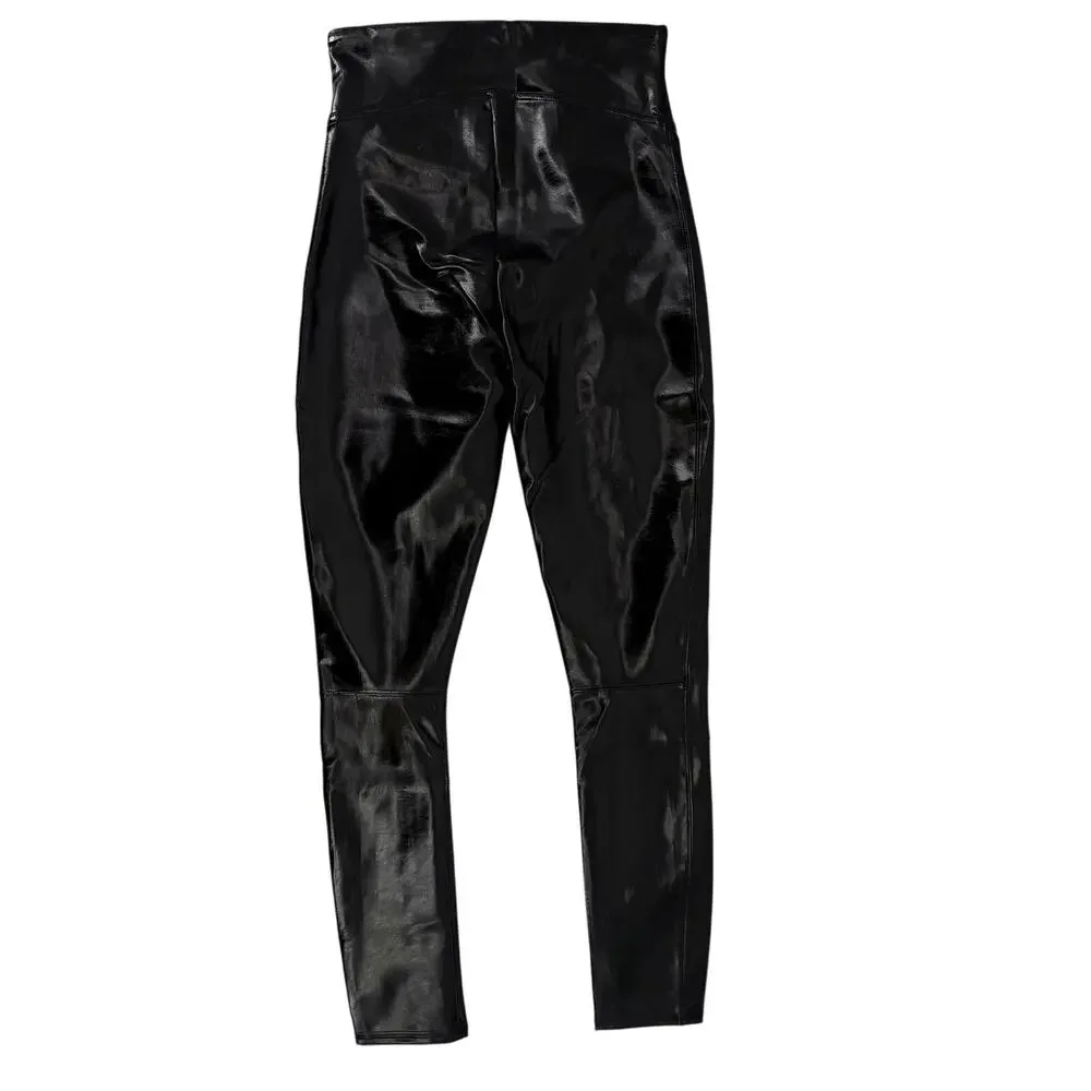 Spanx Faux Leather Shiny Wet Look Black High Rise Leggings Womens Size Small
